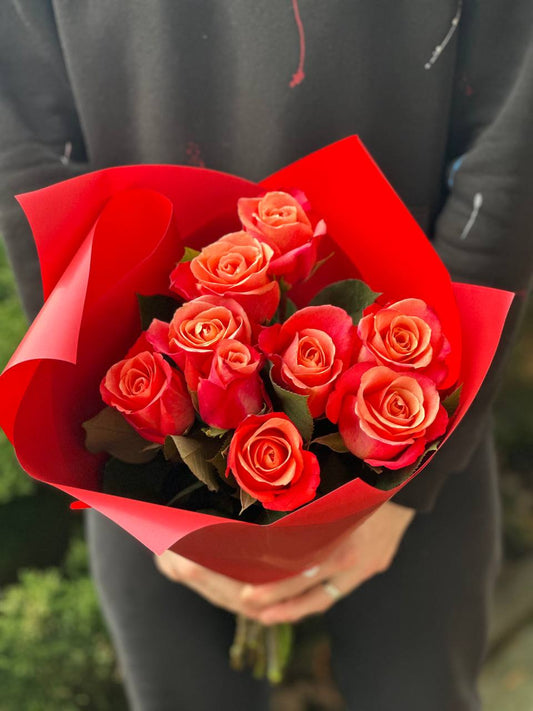 9 троянд (колір помаранчовий) 50 см